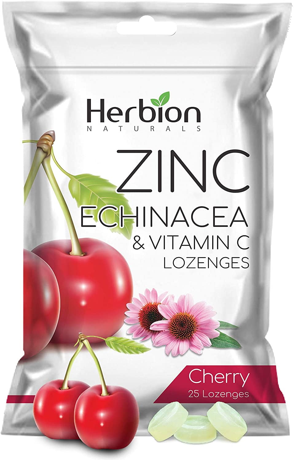 Herbion Zinc, Echinacea & Vitamin C Lozenges Dietary Supplement Cherry Flavor 25 Count