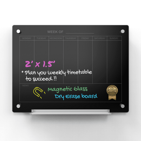 Audio-Visual Direct Glass Dry-Erase Calendar Whiteboard Set - 18" x 24" - (Magnetic, Black)