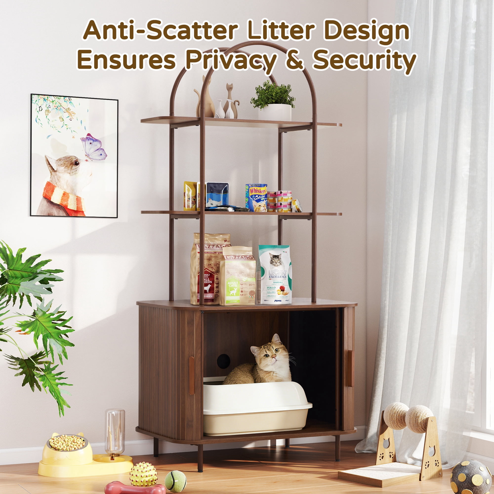 Wirrytor 63" Tall Cat Litter Box Enclosure with Sliding Doors, 3-Tier Hidden Litter Box Cabinet with Anti‑Tip Kit for Living Room, Walnut