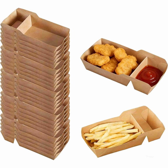 50 Pcs Food Tray Boats with Dip Pocket, Disposable Kraft Paper French Fries Box with Compartment Holder for Ketchup, Sauce, Food Serving Trays for Birthday, Party, Food Trucks, Restaurant