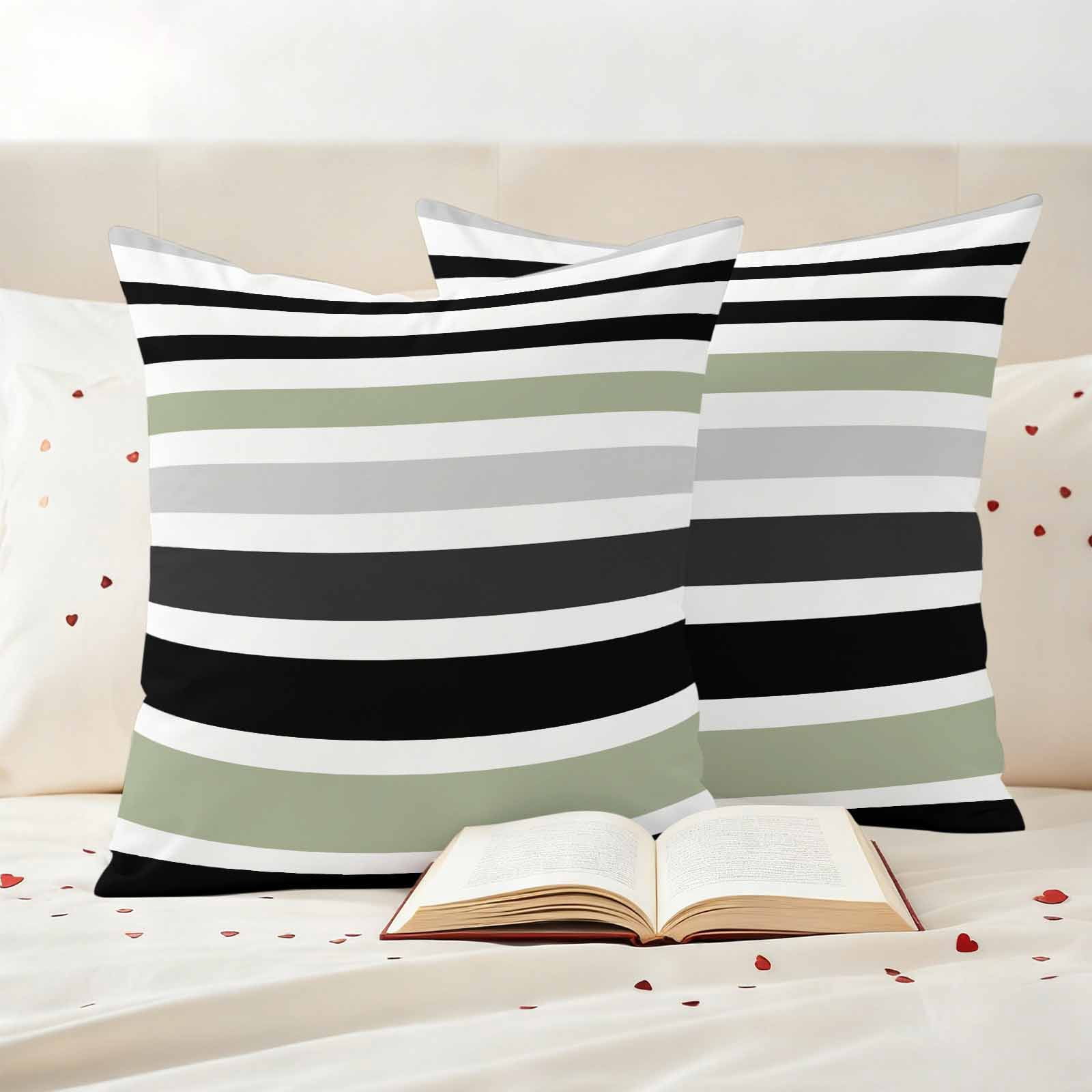 Sage Green Black Stripe Outdoor Waterproof Pillow Covers, Modern Abstract Coarse Striped Decorative Square Throw Pillowcase Sofa Cushion Sham for Patio/Couch/Chair, 24"x24" 2 Pack