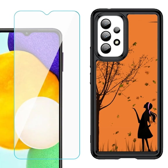 Shockproof Bumper (Black Frame) phone Case for Samsung Galaxy A23 5G, with Tempered Glass Screen Protector, by OneToughShield ® - Autumn Leaf