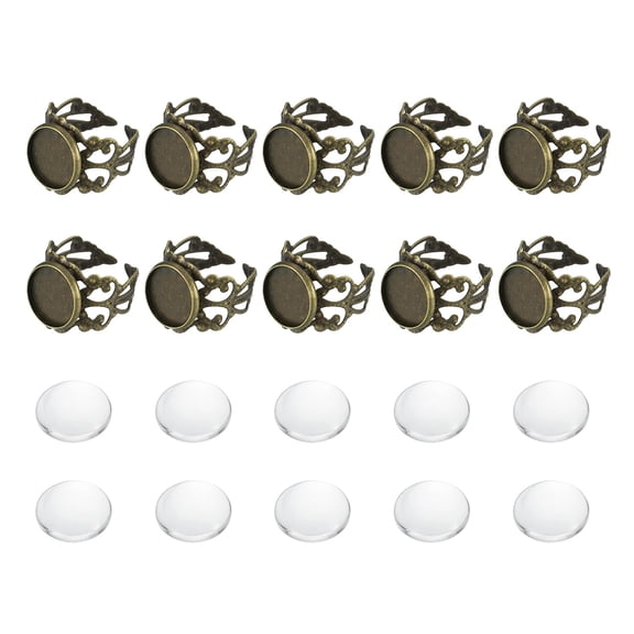 Uxcell 10 Pcs Metal Ring Base Blank, 12mm Ring Blank Base with 10 Pcs Cabochon Silver
