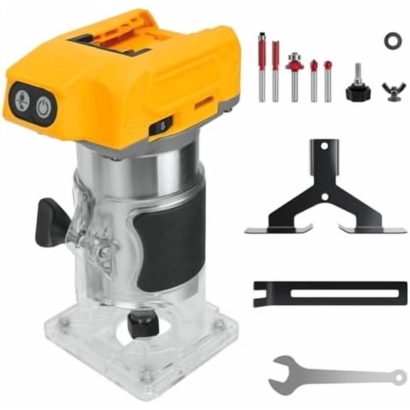 Cordless Compact Router for Dewalt 20V Battery, 800W Brushless Trimmer Router with 5 Variable Speeds, 30000 RPM, Wood Palm Router Tool with 5PCS 1/4" Router Bits, Edge, Roller Guides
