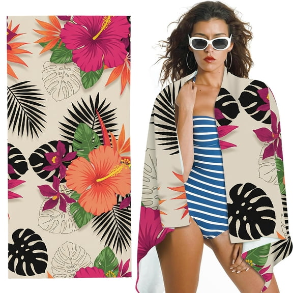 RKSupls Tropical Floral Pattern Oversized Microfiber Beach Towel,  Ultra-Soft Microfiber Suitable for Bathroom, beach, Soft Super Absorbent- 30x60 in