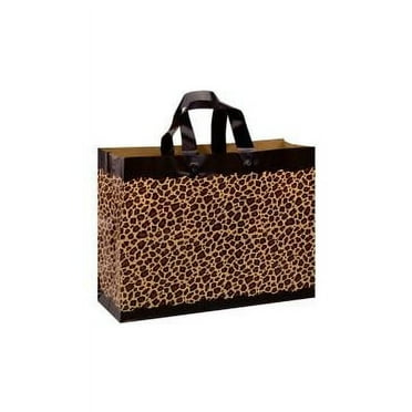 SSWBasics Large Leopard Frosted Plastic Shopping Bags - 16" x 6" x 12" - Case of 100 -