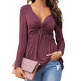 thumbnail image 4 of Women Long Sleeve Slim Fit V-neck Solid Color Knot Shirt Tops, 4 of 4