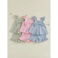 thumbnail image 3 of BemeyourBBs Kids Toddler Baby Girls Summer Clothes 2 Pieces Waffle Knit Striped Fly Sleeve Bow Camisole Tank Top with Ruffle Shorts Set, 3 of 9