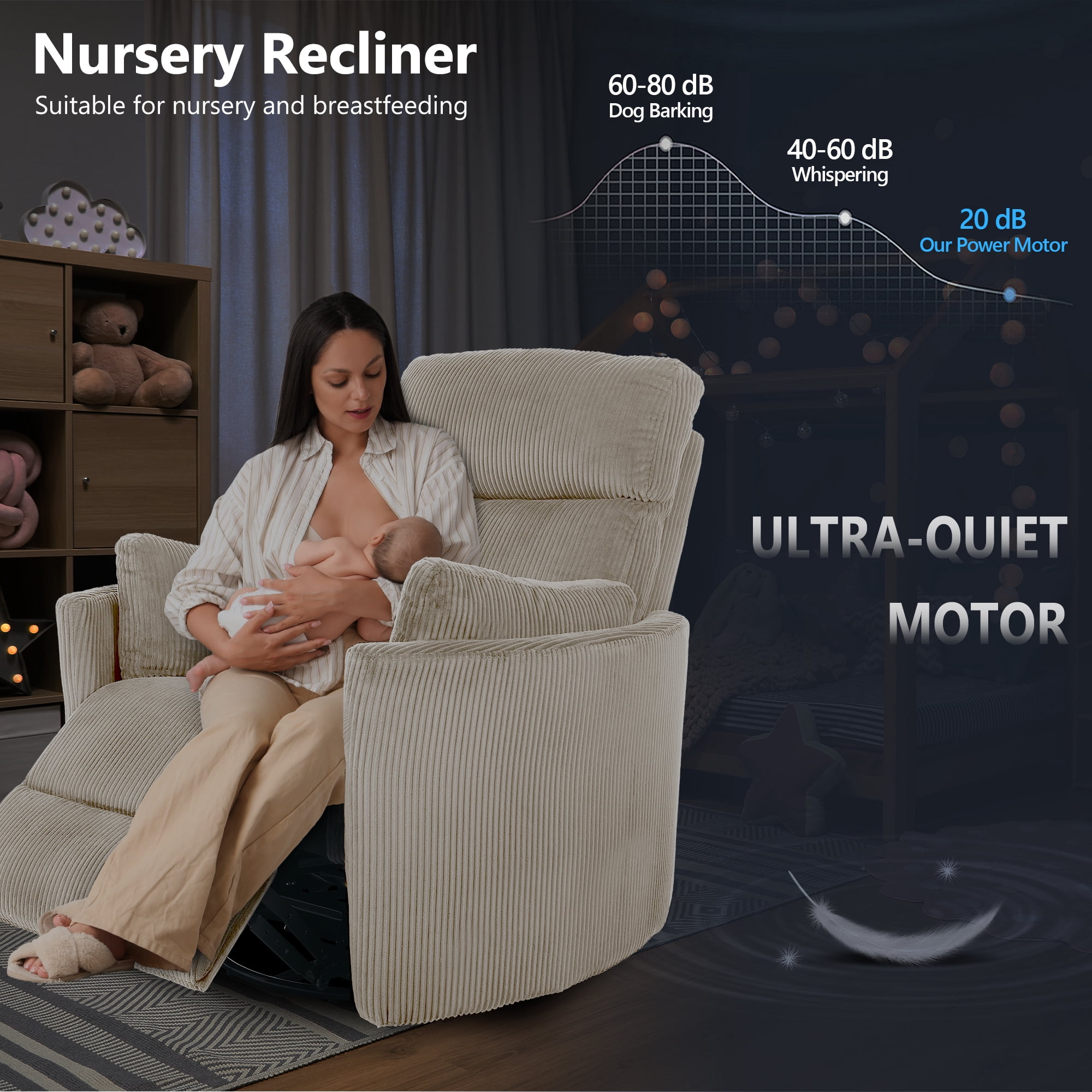 36.72'' Wide Swivel Rocker Glider Recliner with Adjustable Pillows and USB, Beige Corduroy Nursery Chair