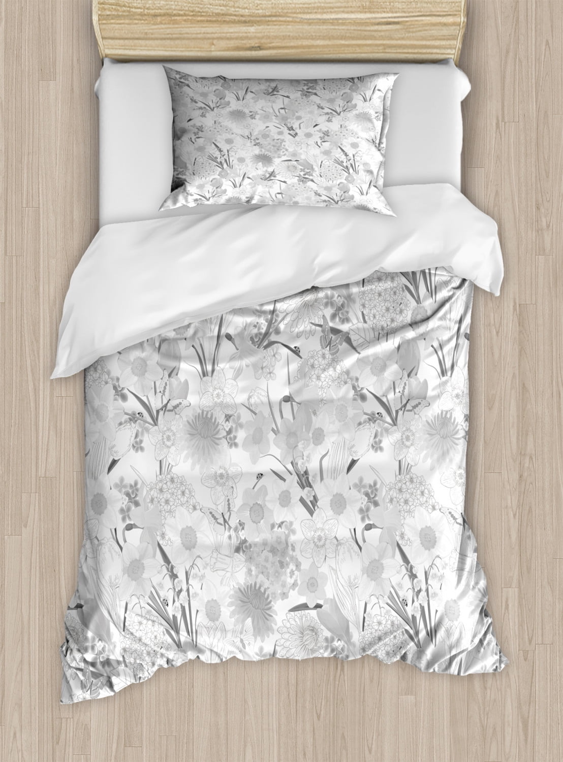 Flower Duvet Cover Set Twin Size, Monochrome Bouquet of Wildflowers