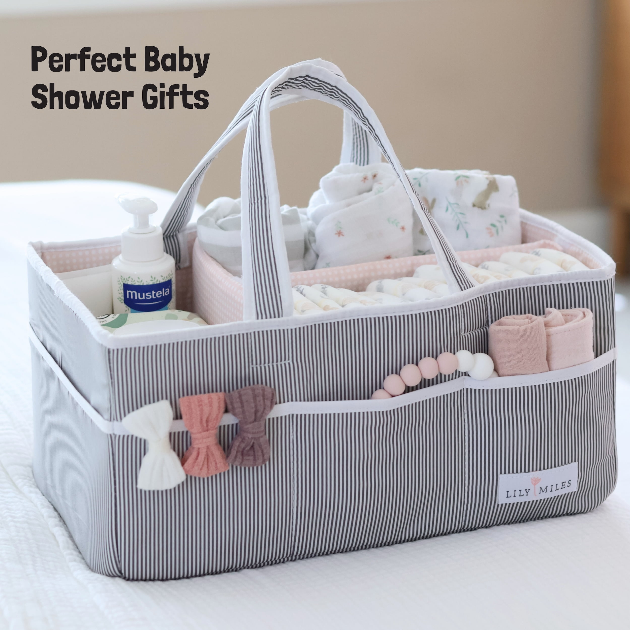 Lily Miles Baby Diaper Caddy Organizer for Baby Girls - Nursery Changing Table Organizer - Baby Shower Gifts (Gray/Blush, Large)