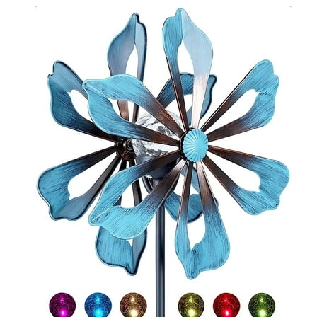 VIEROLA 59" Blue Daisy Metal Wind Spinner with Solar LED Light, Windmill for Garden Decor