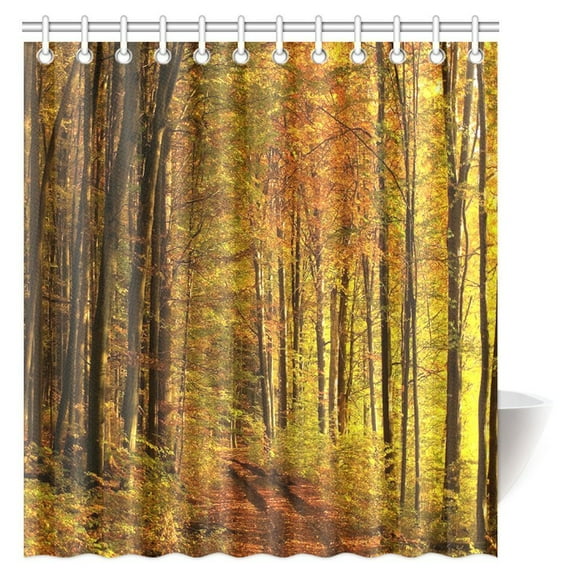 MYPOP Landscape Shower Curtain, Sunny Autumn Forest Road Fabric Bathroom Shower Curtain with Hooks, 66 X 72 Inches