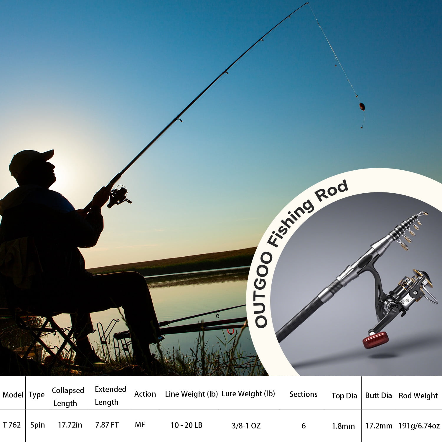 OUTGOO Fishing Rod Combos with Telescopic Fishing Pole Spinning Reels Fishing Carrier Bag for Travel Saltwater Freshwater Fishing