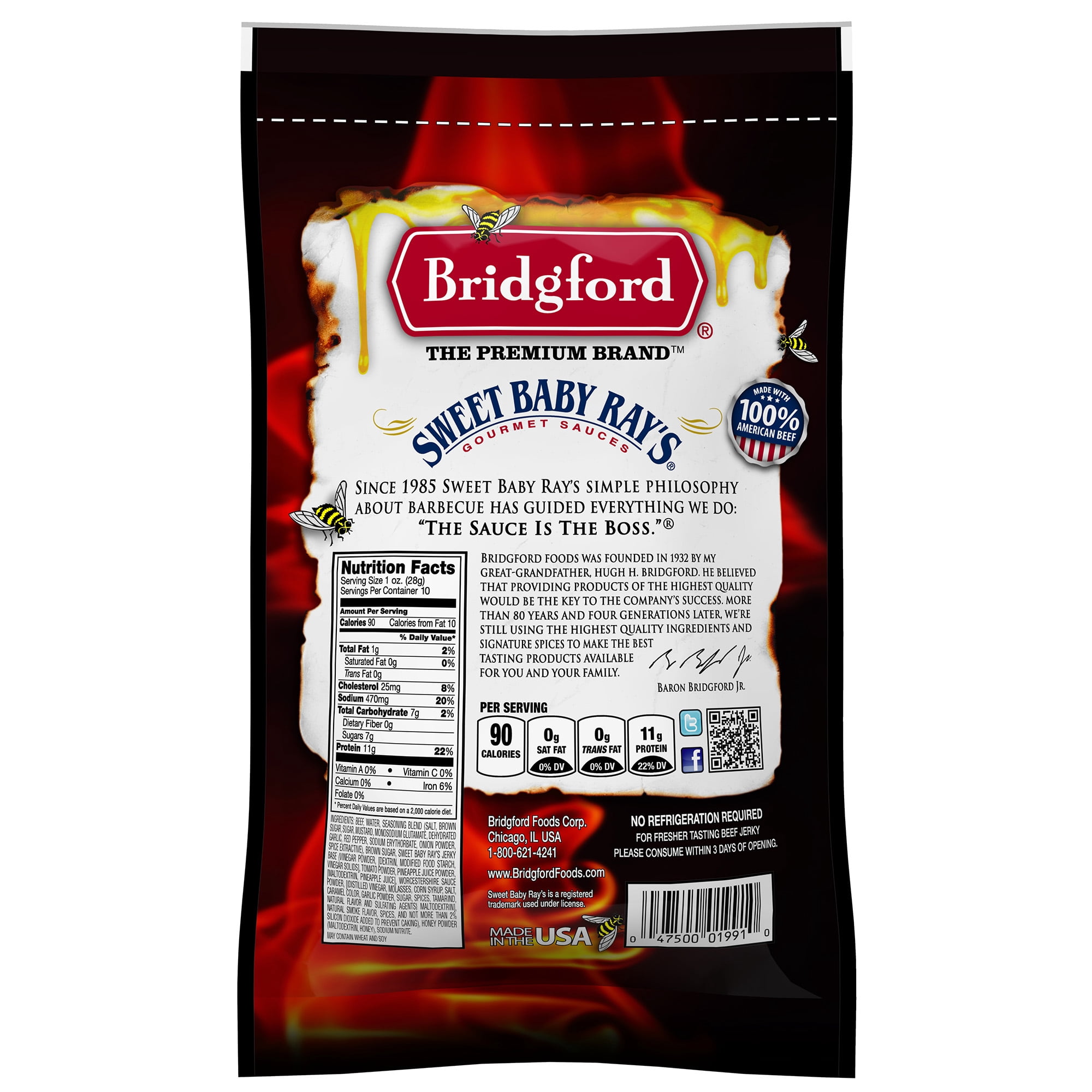 Bridgford Sweet Baby Ray’s Beef Jerky Honey BBQ 10 oz Pack of 4