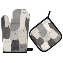 Yayeee Oven Mitts and Pot Holder Set of 4 Heat Resistant Kitchen Gloves Baking Hot Pad, Gray Cute Cats