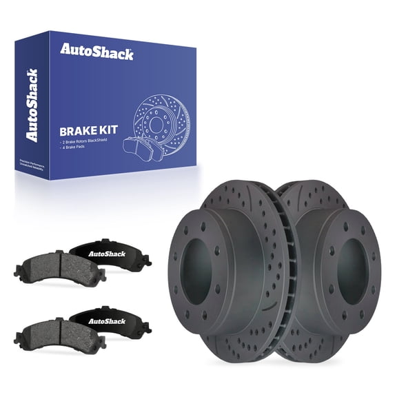AutoShack Rear Vented Drilled & Slotted Coated Brake Rotors Black Matte Finish   Ceramic Pads 6-PC Brake Kit Replacement for 2001-2006 GMC Sierra 1500 BlackShield 12.99" (330 mm)