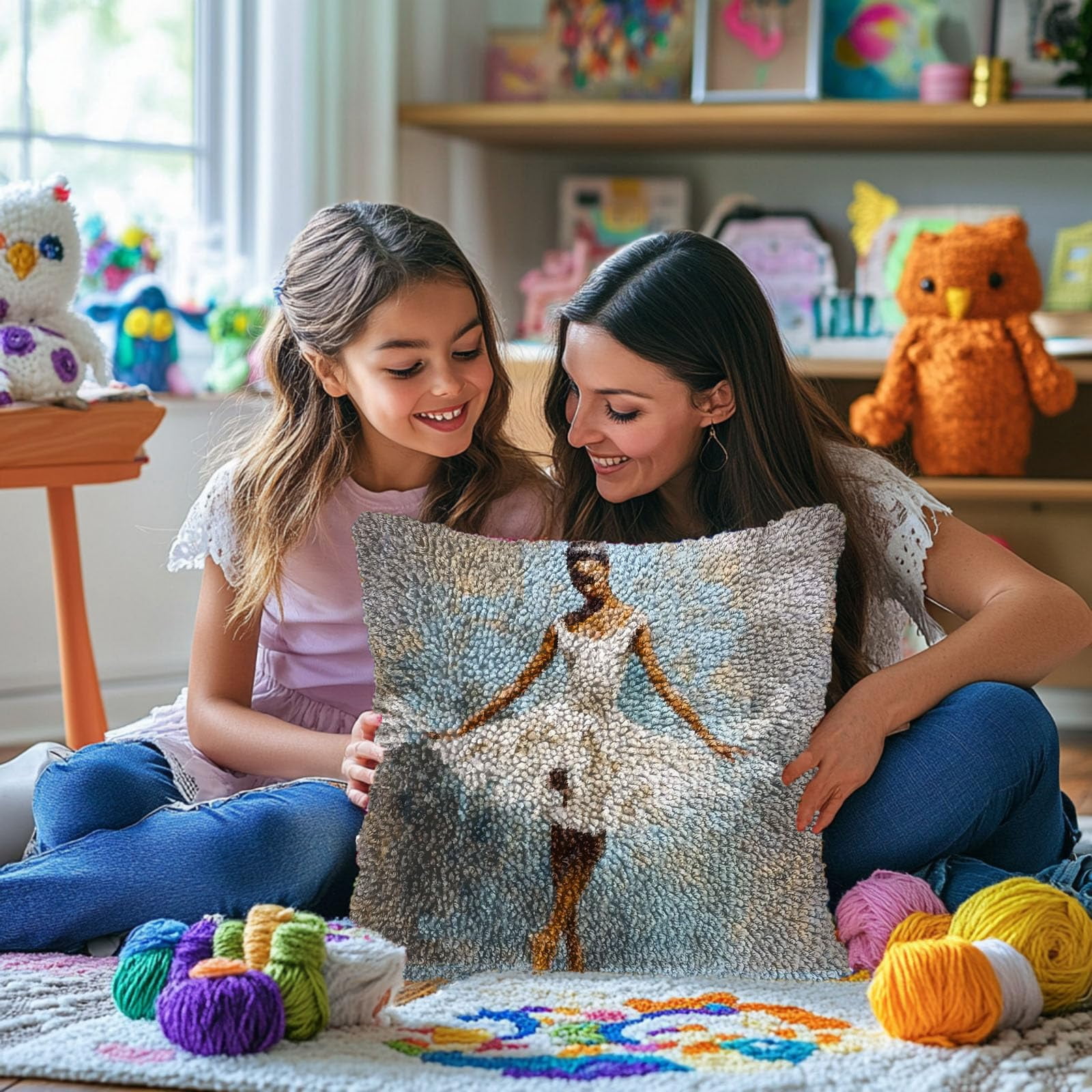 White Dress Ballerina Woman Dancing DIY Latch Hook Pillow Kits for Adults Printed Pillowcase Crochet Yarns Hooking Handmade Pillow Cover Cushion for Home Sofa Decoration 17x17inch(2)