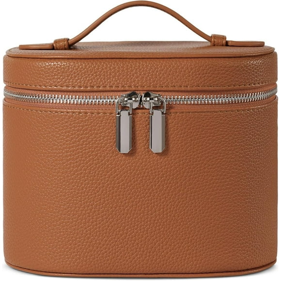 Neceser de maquillaje de viaje con compartimentos y asa, bolsa de aseo portátil para mujer, marrón, 19.3 x 14 x 15.2 cm, Clásico