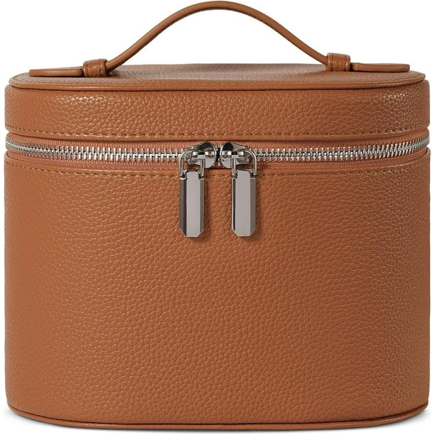 Neceser de maquillaje de viaje con compartimentos y asa, bolsa de aseo portátil para mujer, marrón, 19.3 x 14 x 15.2 cm, Clásico