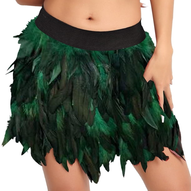 Gibobby faldas largas de mujer casuales Falda corta de medio cuerpo con plumas para mujer, ropa para el escenario europea y americana(Verde, L)