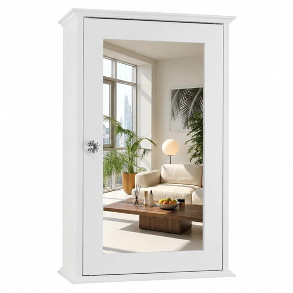 White Mirrored Medicine Cabinet - Wall Mounted Bathroom Storage Organizer with Single Door, 2 Adjustable Shelves & Magnetic Lock, Small Vanity Cabinet for Over the Toilet/Sink