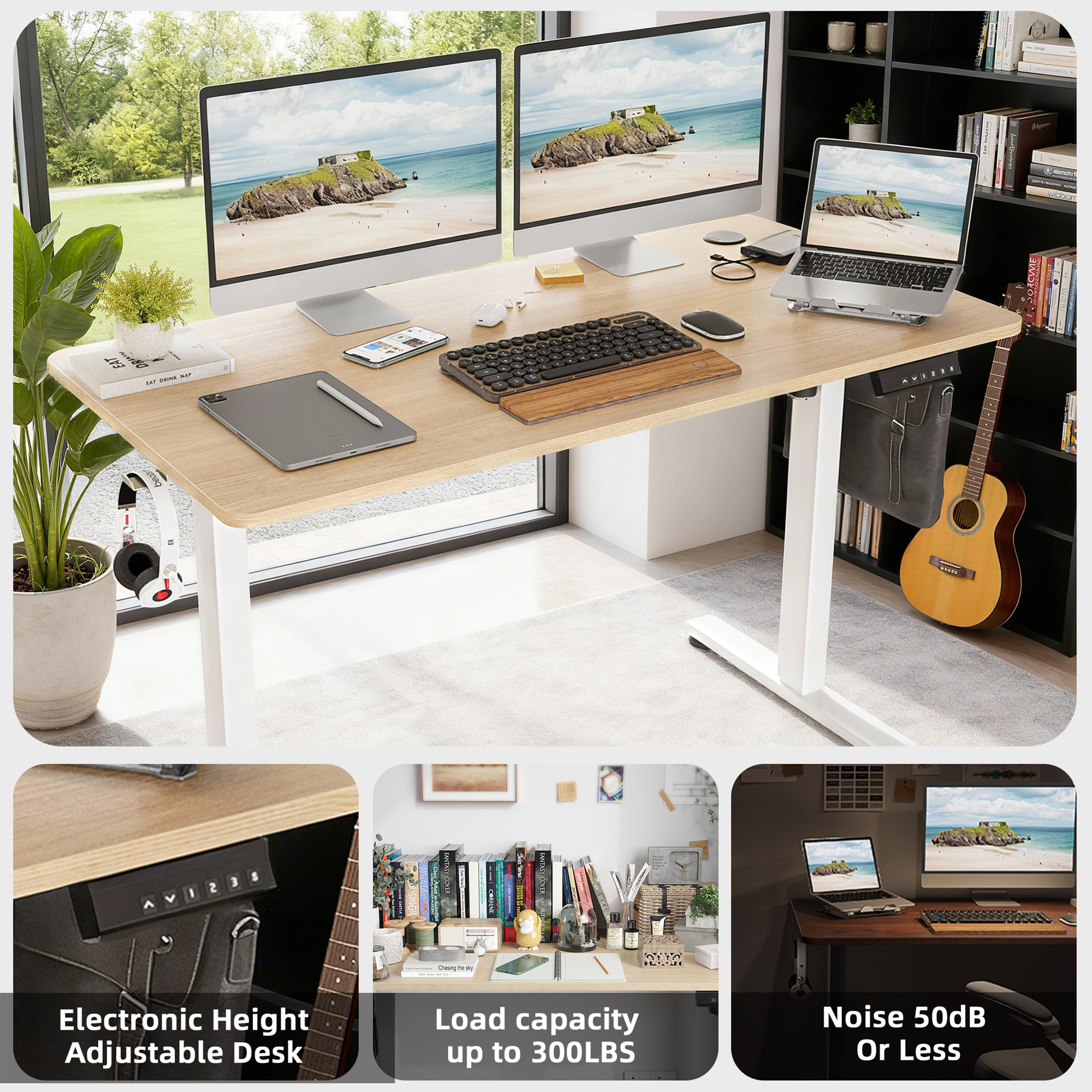 MAYEERTY 48×24" Electric Height-Adjustable Desk, Sit Stand Desk with Side Hooks for Home & Office, Nature