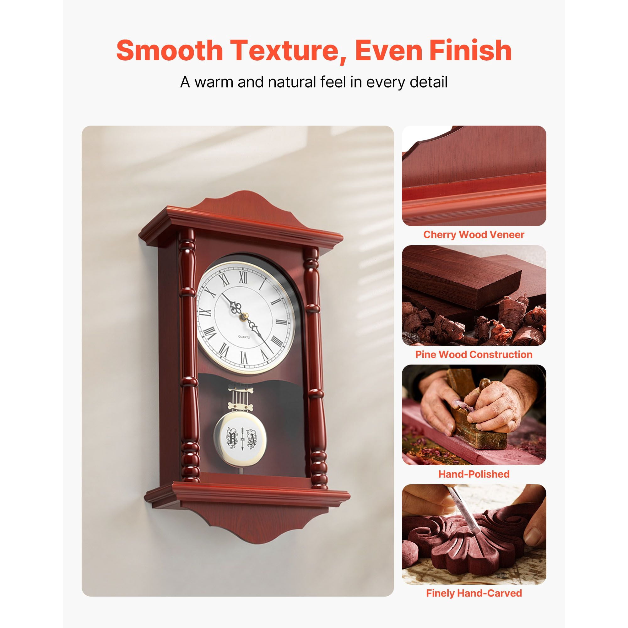 Grandfather Pendulum Clock 18 Inch Pine Wood Silent Quartz Movement for Living Room Bedroom