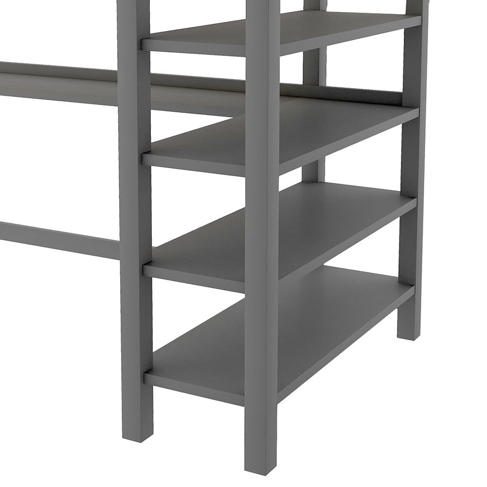 Kadyn Twin Size Loft Bed with Storage Shelves and Under-bed Desk, Gray