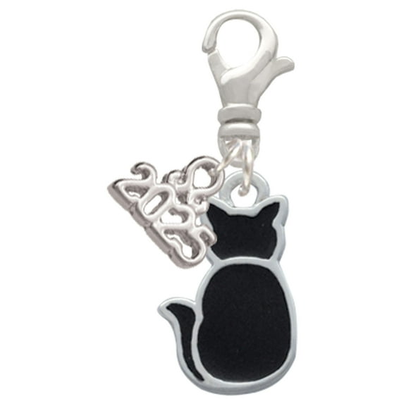 Delight Jewelry Silver-tone Large 2-D Black Cat Back - Silver-tone Clip on Charm with Mini Year 2025