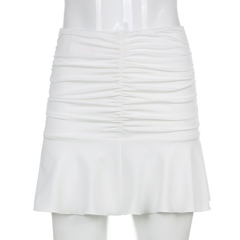 Fsqjgq Skirts for Women Preppy White Ruffle Skirt Women s Solid Stretch Pleated Ruched Ruffle Skirt Slim Mini Skirt White S