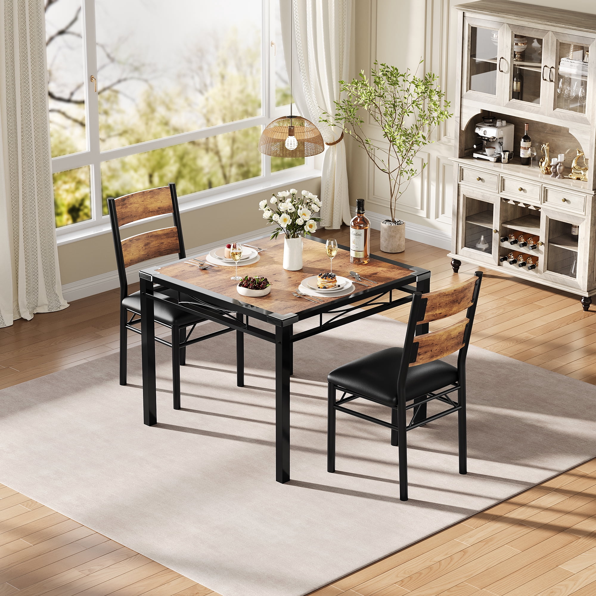 Space-Saving Dining Table Set for 2 – Vintage Brown Compact Kitchen & Bistro Furniture, Upholstered Chairs, Sturdy Metal Frame, Corner Protectors, Easy Assembly (Color: Vintage color