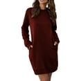 thumbnail image 1 of Robes pour Femmes à Manches Longues Décontractées Coupe Ample Mode d'Automne Robe Mini à Col Rond avec Poches Rouge Vin G, 1 of 7