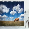thumbnail image 1 of Cattle Shower Curtain, Digital Image of a Cow Feeding on Dry Meadow with Blue Sky and Clouds Background, Fabric Bathroom Set with Hooks, 69W X 70L Inches, Multicolor, by Ambesonne, 1 of 3