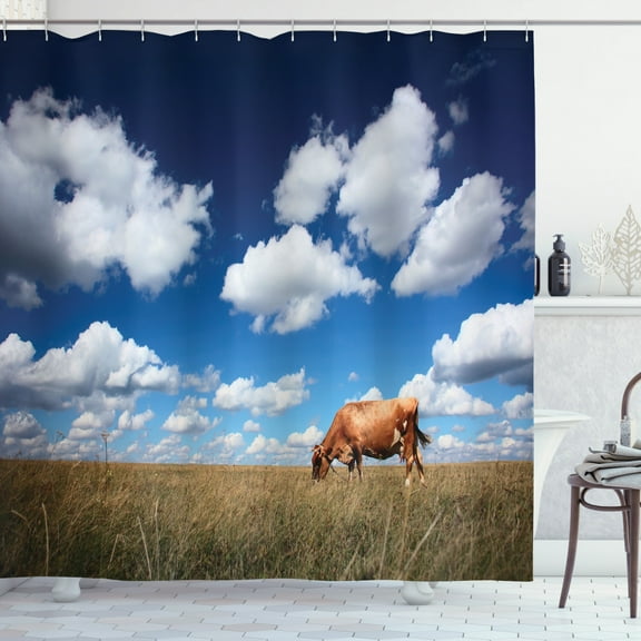 Cattle Shower Curtain, Digital Image of a Cow Feeding on Dry Meadow with Blue Sky and Clouds Background, Fabric Bathroom Set with Hooks, 69W X 75L Inches Long, Multicolor, by Ambesonne