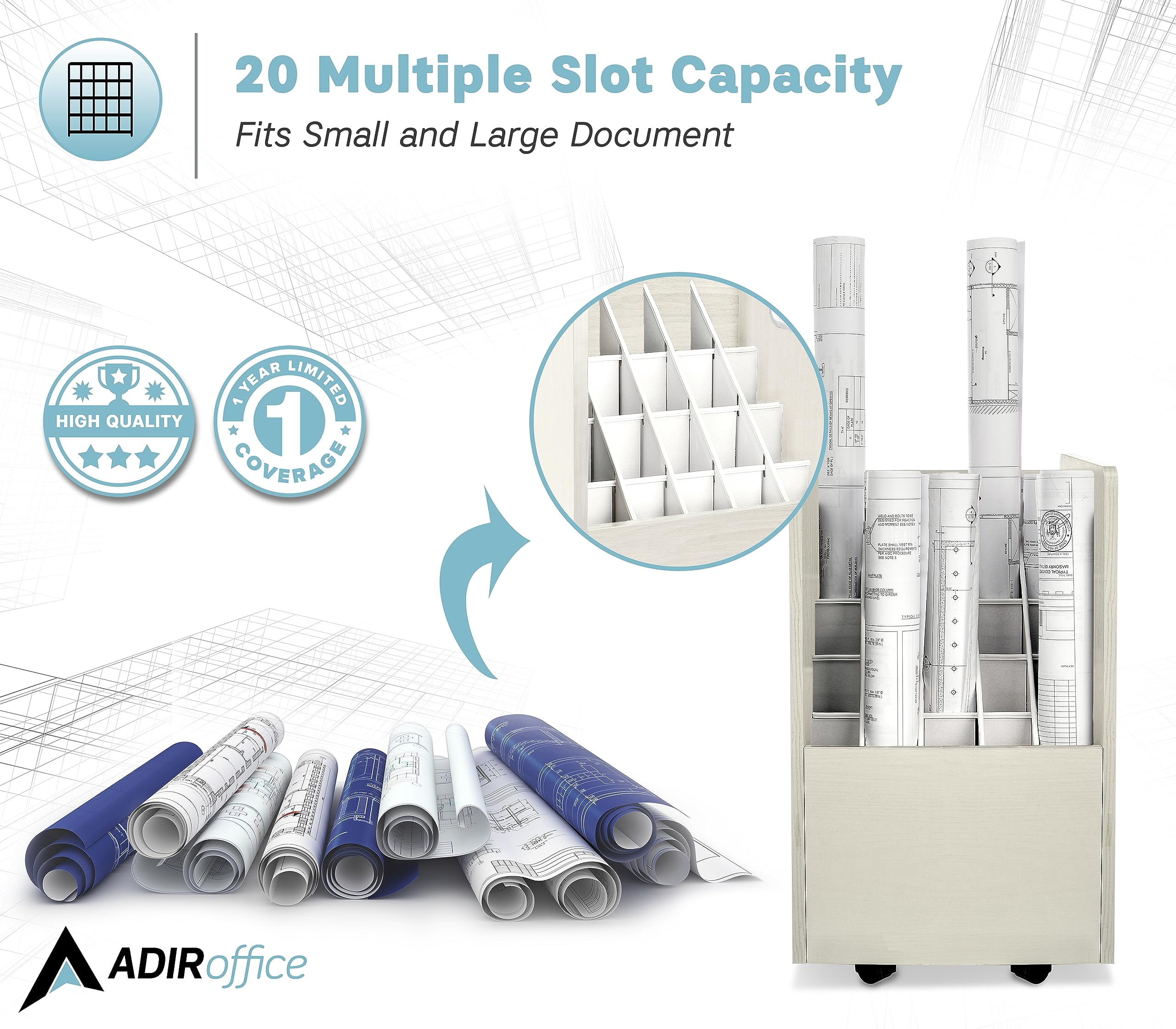 Adir Blue Print Storage Organizer- Mobile Roll File Cart, Construction Plan Holders, Blueprint Cabinet with Wheels (20 Slots, White)