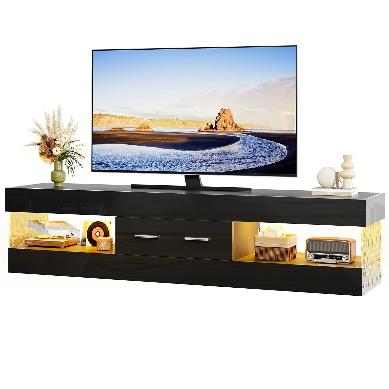 Bestier Black TV Stand for TVs up to 75", Modern Entertainment Center for TVs with LED Light, High Gloss TV Console Table with Storage Drawers