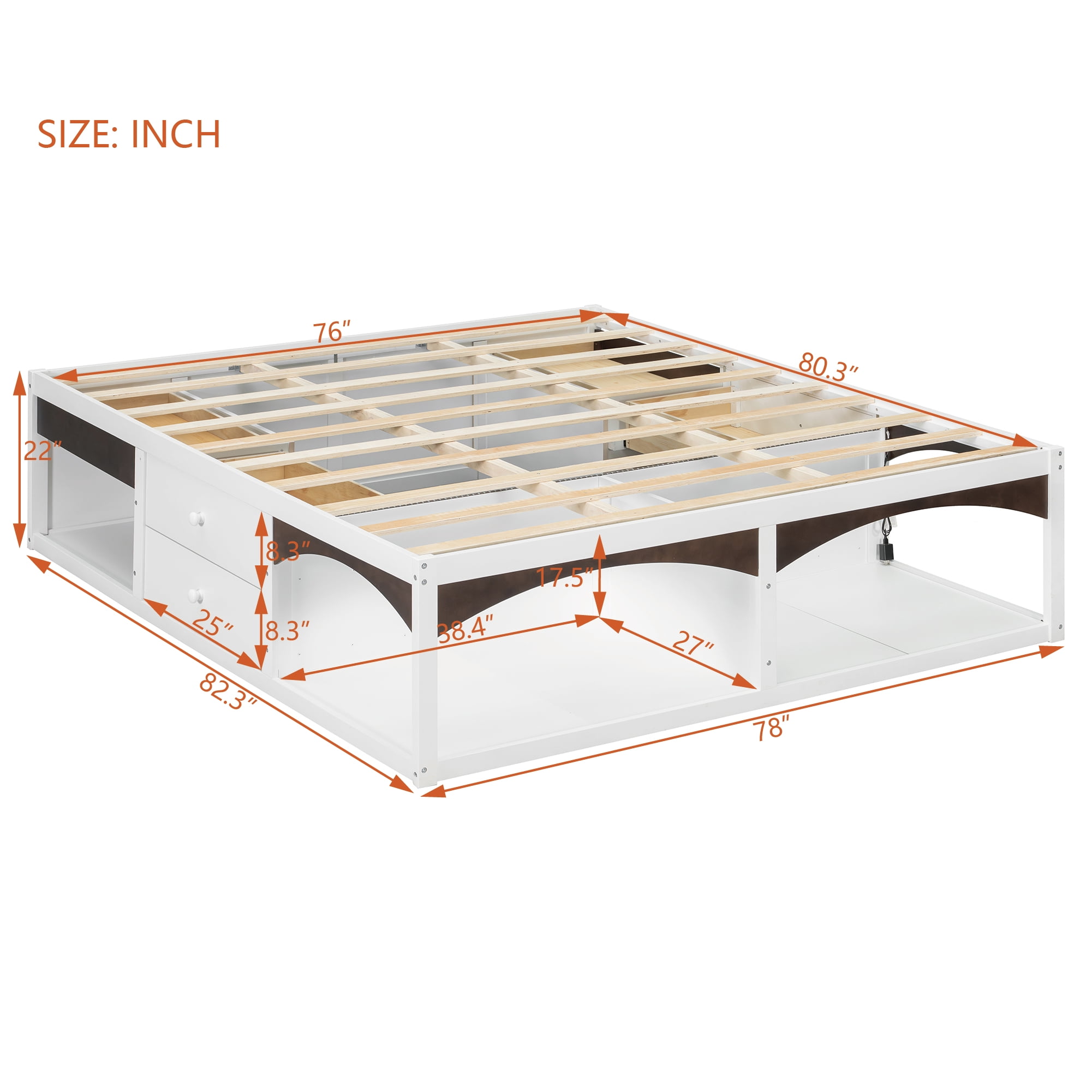 King Size Platform Bed with 2 Storage Drawers, Lighted Under-Bed Open Pet Space, No Headboard