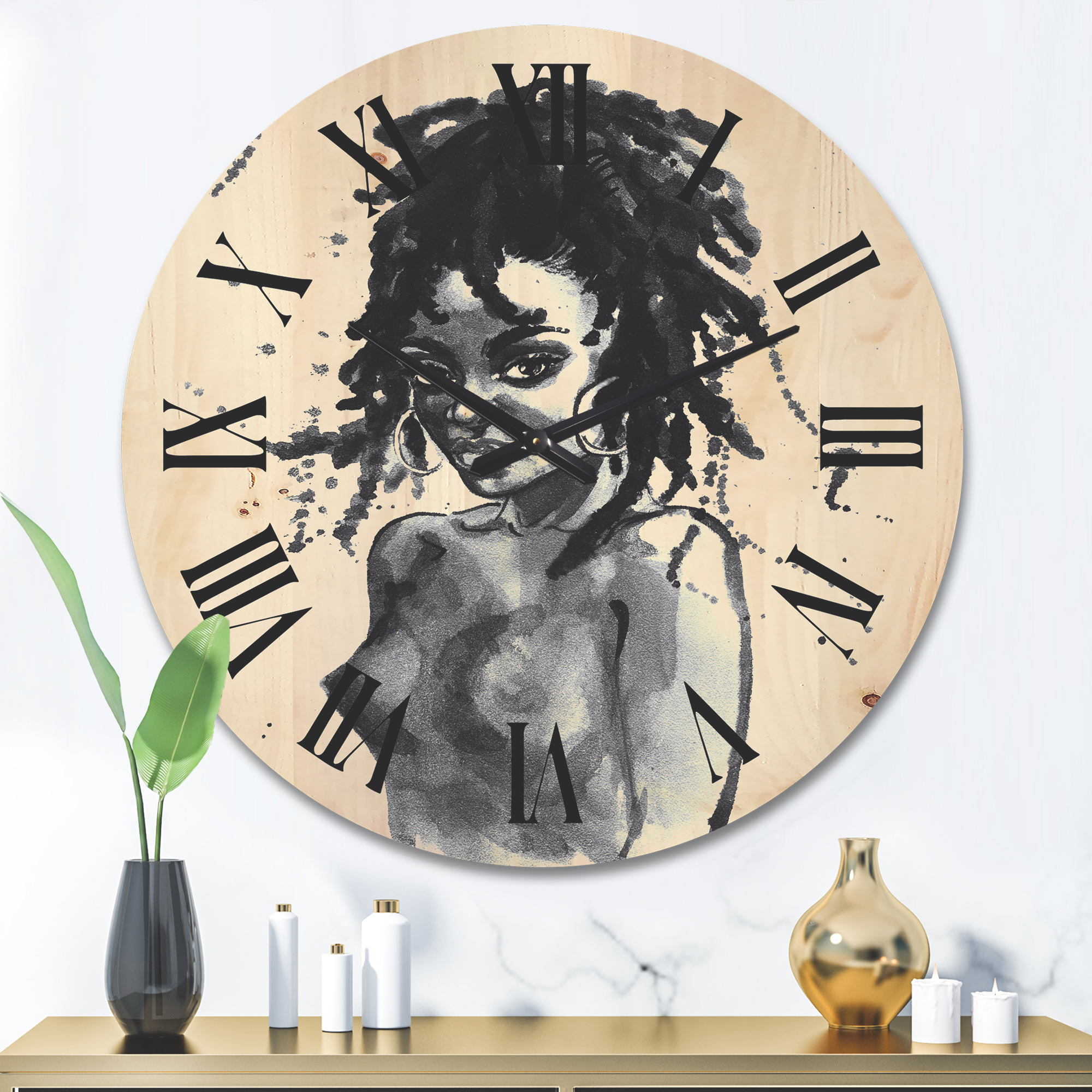 Designart 'Black and White Portrait of African American Woman V' Modern Wood Wall Clock