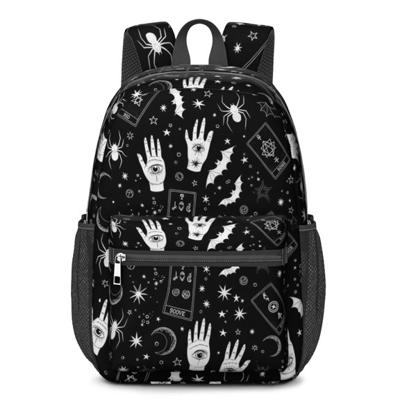 Hand and Bat Gothic Pattern 17" School Backpacks for Teens,Waterproof Oxford Fabric,S-Shape Padded Straps for School,Travel,Hiking,Camping
