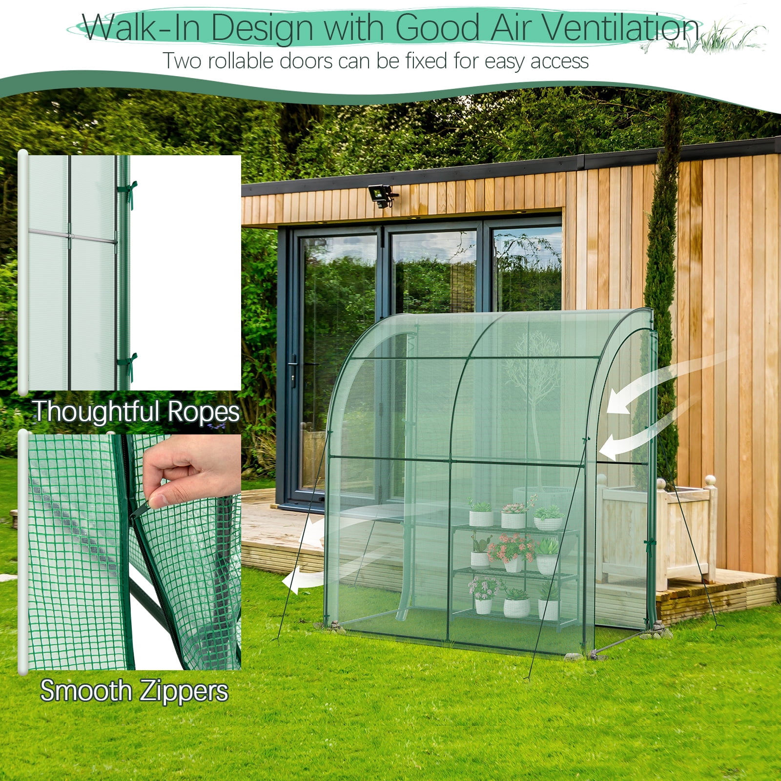 Patiojoy Lean-To Walk-In Greenhouse with Flower Rack 7’ x 3.5’ x 7’ Wall Green House with Roll-Up Doors Waterproof PE Cover & Metal Frame
