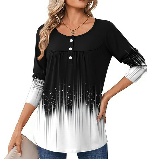 Neewe Women Tops Loose Fit Long Sleeve Round Neck Button T Shirts Business Casual Blouses Dressy Fall Fashion Work Clothes