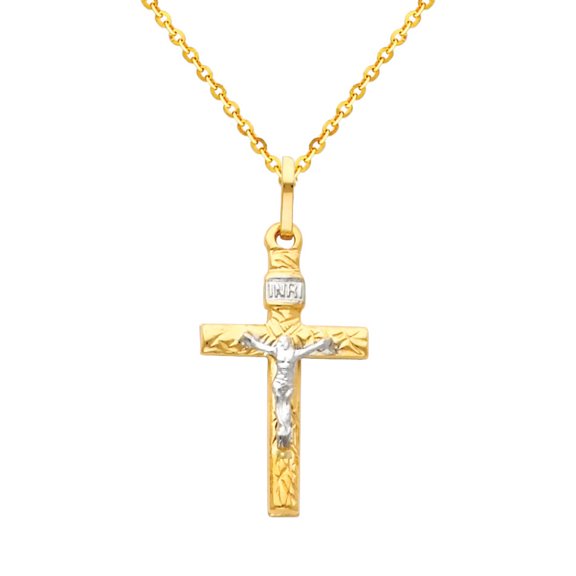 Wellingsale 14k Two 2 Tone Gold Polished Catholic Crucifix Cross Charm Pendant with 1.2mm Side Diamond Cut Cable Chain Necklace - 16"