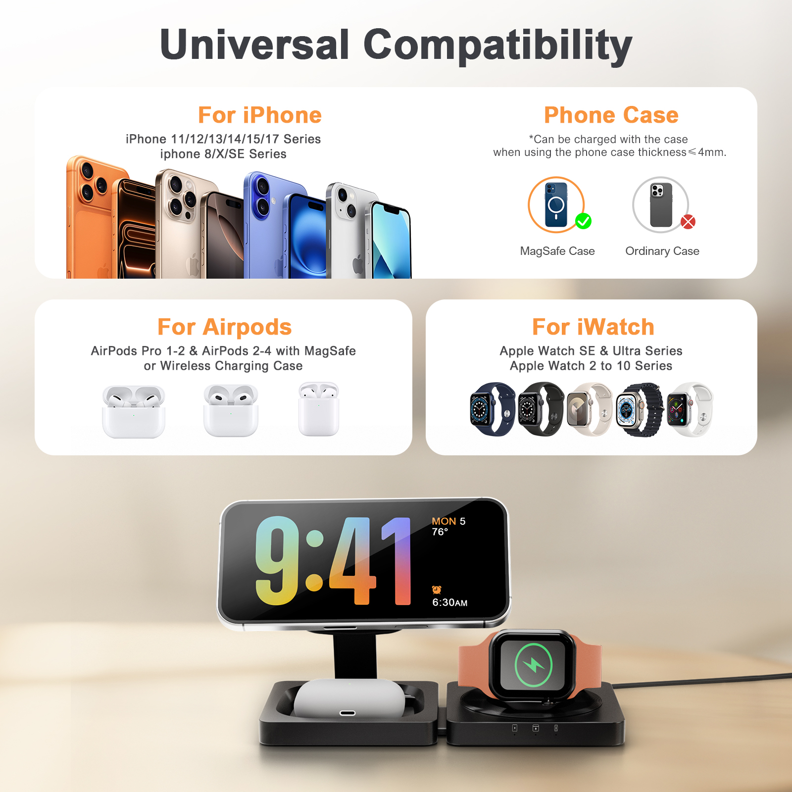 3 in 1 Foldable Wireless Charger, 15W Fast Charging Charger Compatible with iPhone 17 16 15 14 13 12, Portable Watch Charger for iWatch Series,for AirPods Pro 4 3 2 1 (Black)