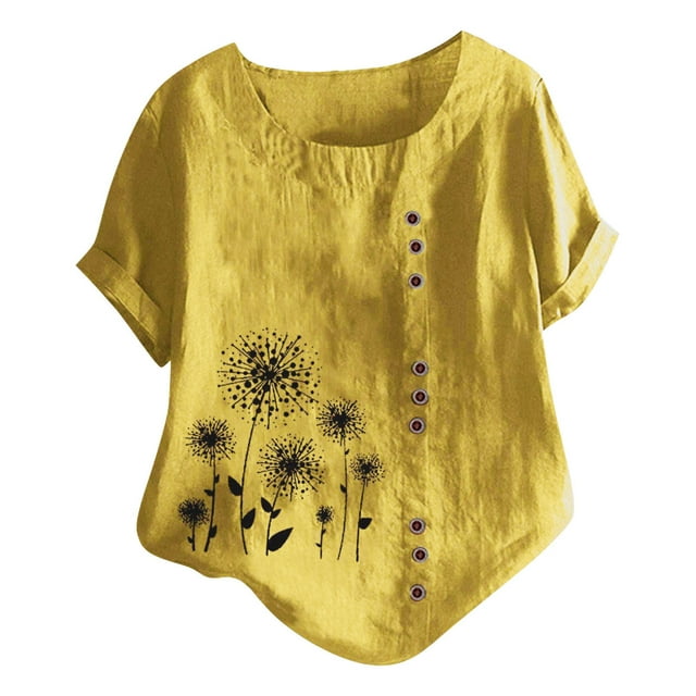 Women's Casual Blouses New Linen Short Sleeve Button with Round Neck Printed Tees for Ladies