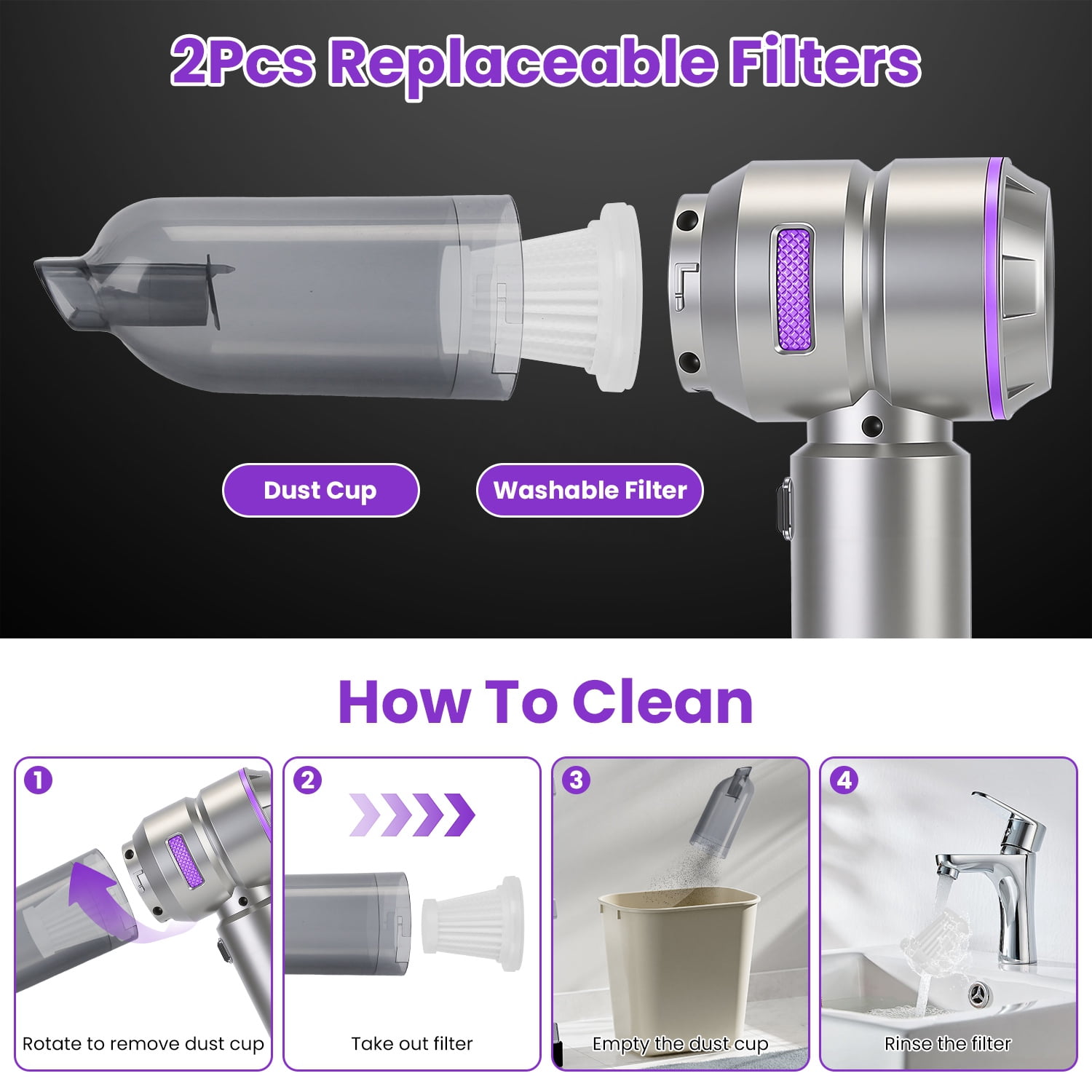 Imountek 4 in 1 Cordless Handheld Vacuum Cleaner 16000PA Brushless Motor Air Duster Blower Inflator with Reusable Filters for Car Home Office