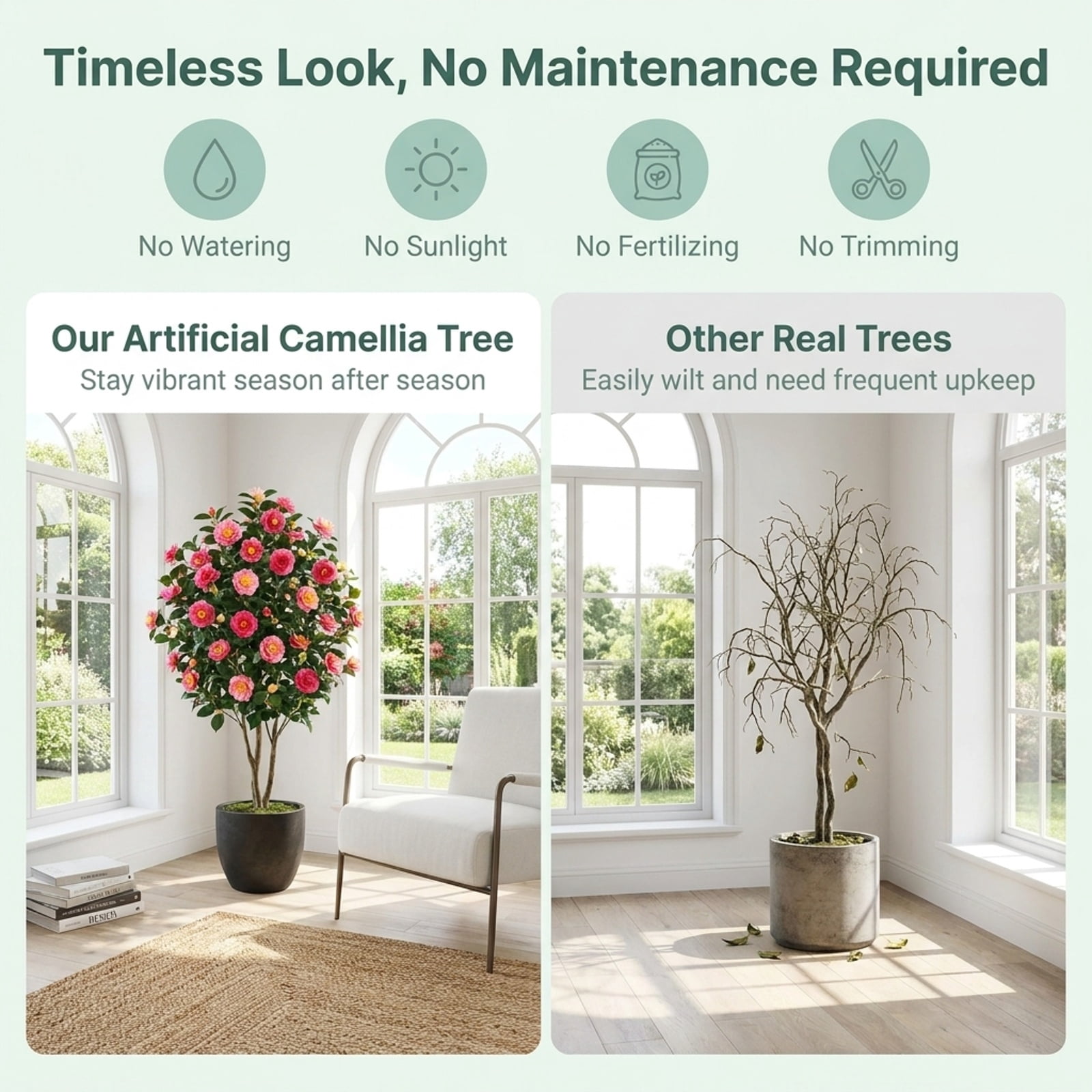Vebreda Artificial Plant Decor, Artificial Camellia Tree with 27 Blossoms in Cement Pot for Home, Realistic Floral Details, Built to Last