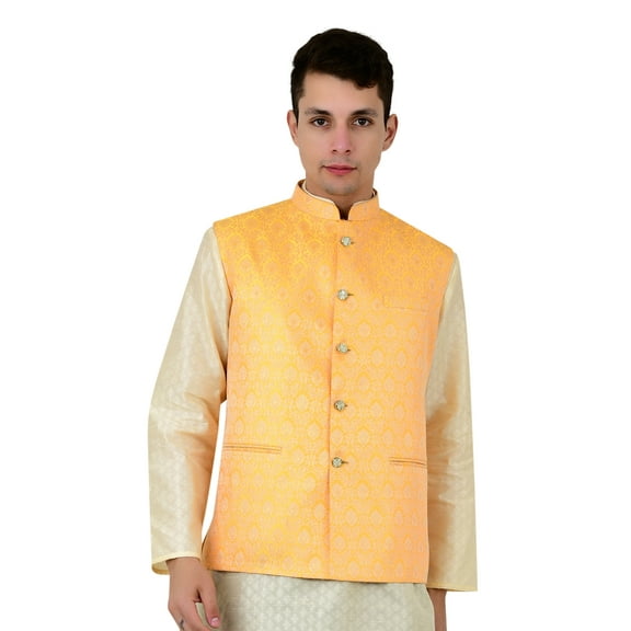 Sonakshi Fashion Men's Brocade Waistcoat Bandhgala Festive Jacquard Nehru Jacket, Color: Yellow, Size: 36