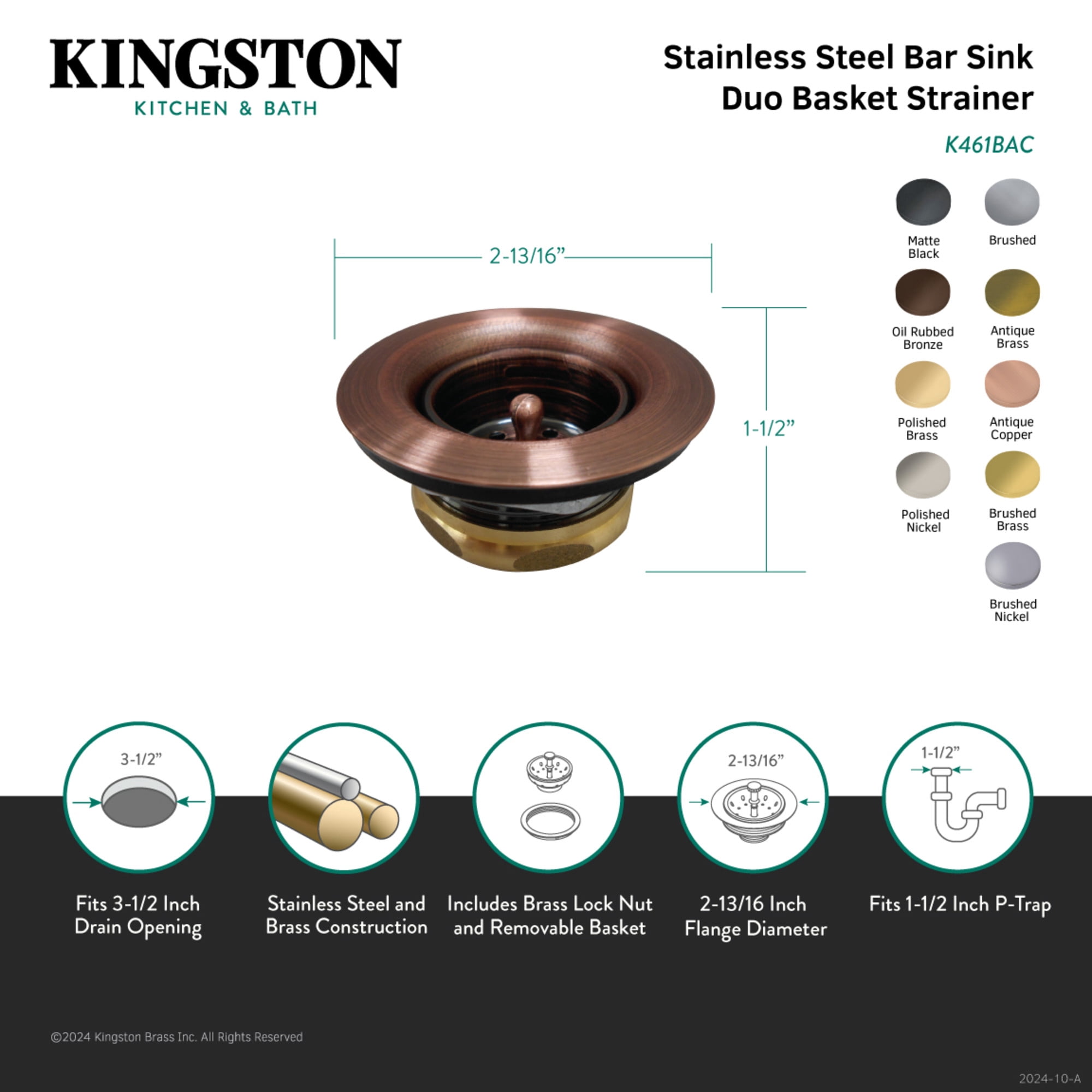 Kingston Brass K461BMB Stainless Steel Bar Sink Basket Strainer with Brass Nut in Matte Black