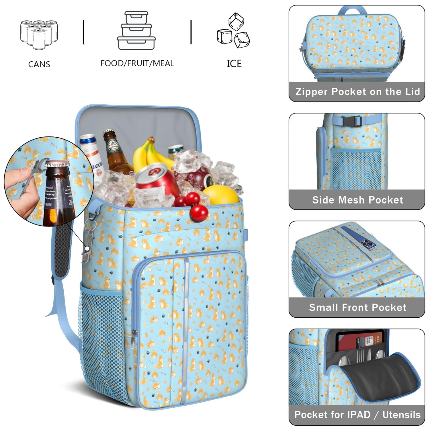 Travel Cooler Bag - Cute Shiba Inu Camping Beer Cooler Backpack with Bottle Opener- Waterproof Insulated Picnic Backpacks - Cooler Bag for Beach